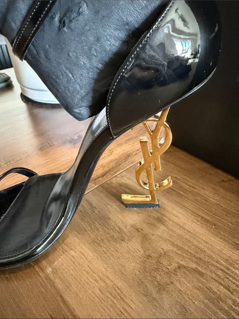 Saint Laurent Black Patent Leather Square-Toe Ankle-Strap Heels - Picture 4 of 9